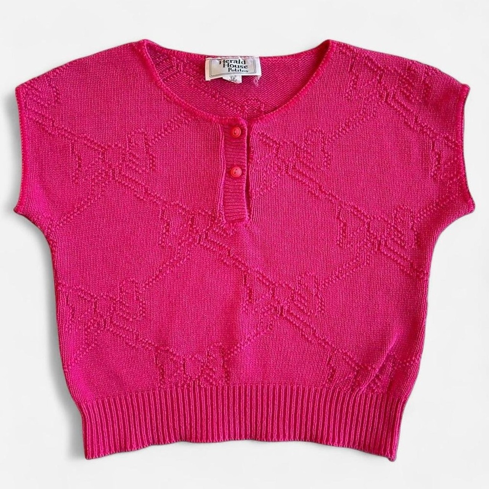 Vintage Herald House Petites Bright Pink Cotton Knit with Bows Design Blouse